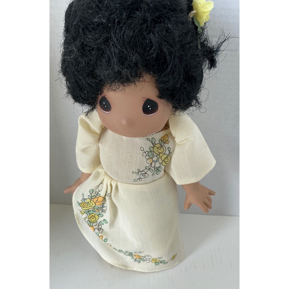 Precious Moments Vintage Doll Black Hair Yellow Floral Dress 9 Inch 1354
